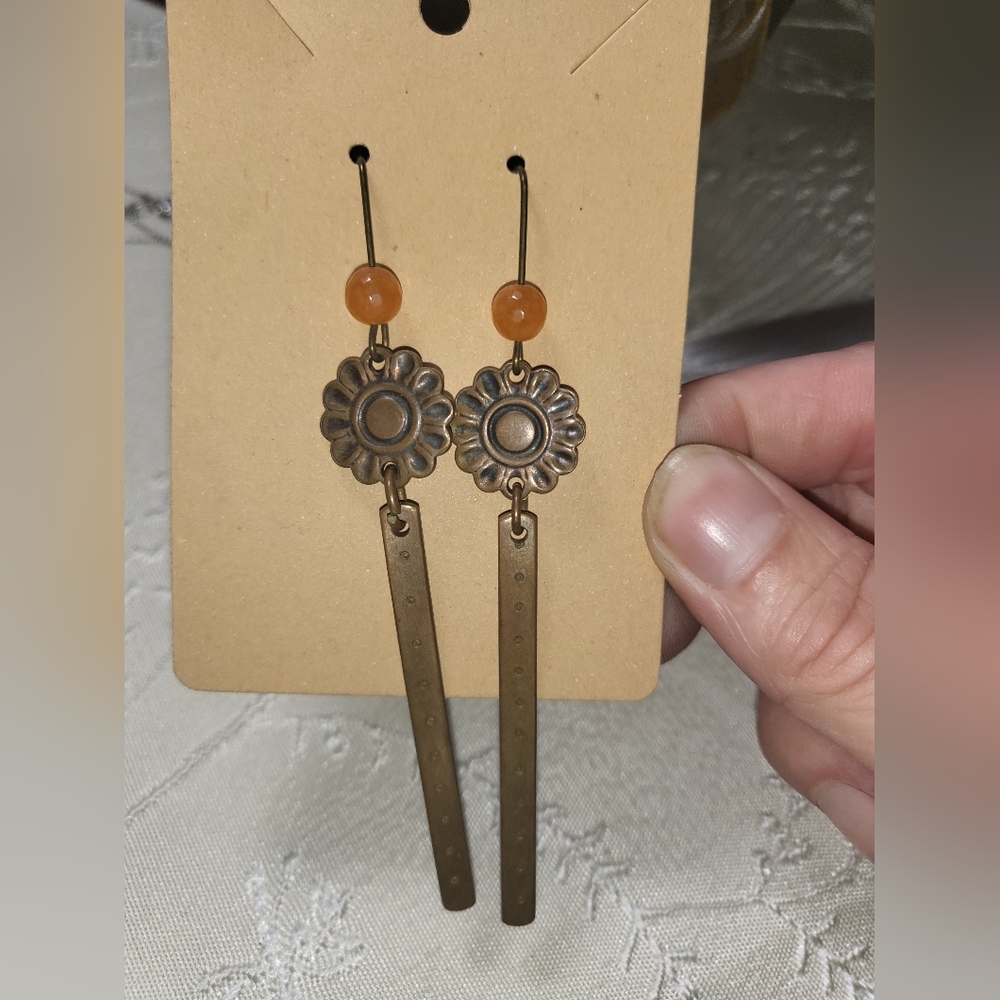 Bronze Copper Earrings with‎ Orange Beads